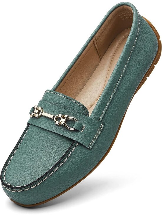 Shoes - Women's Green Comfortable & Lightweight Leather Loafers Slip-On Flats Shoes